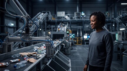 Fototapeta premium In a bustling recycling center, a dedicated worker observes the high-tech sorting machines at work. The atmosphere is filled with energy as items glide past, showcasing a commitment to sustainability.