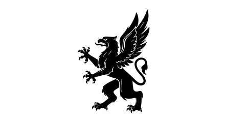 Fototapeta premium Silhouetted winged griffin emblem featuring a royal, mythical lion in black on a white background.