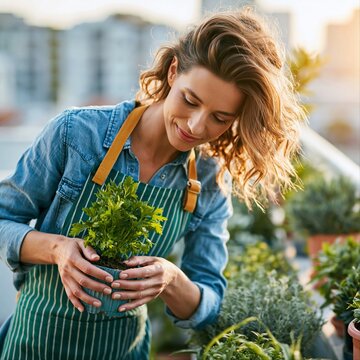 Woman gardens on a rooftop balcony with various plants during sunset in a city setting