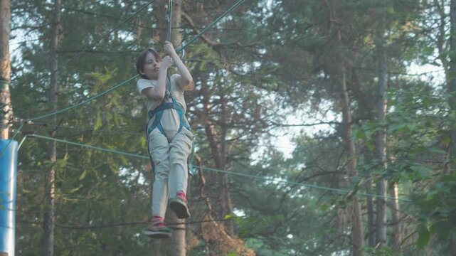 A boy wearing a safety harness rides a fast zipline down a cable in a rope park. The child flies above the ground on a roller among tall pine trees on a sunny day.