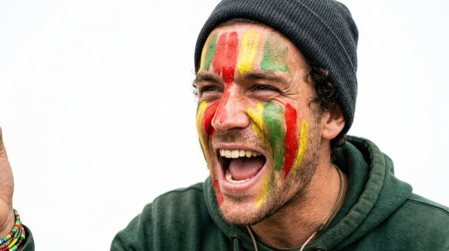 Man with face paint cheering at outdoor sports event