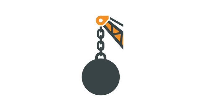 Wrecking ball with chain and crane flat vector silhouette