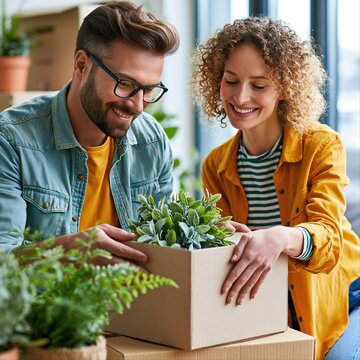 Couple opening a box with plants in a modern indoor space during daytime