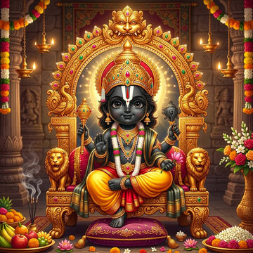Lord Balaji Vishnu Seated on Golden Lion Throne with Offerings
