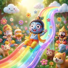 Naklejka premium Cute Baby Krishna Sliding down Rainbow Slide with Animals 