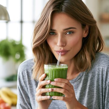 Woman drinks green smoothie in kitchen with fresh fruits and plants around