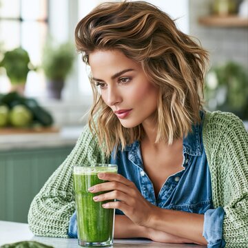 Woman enjoys green smoothie in kitchen with fresh vegetables on counter