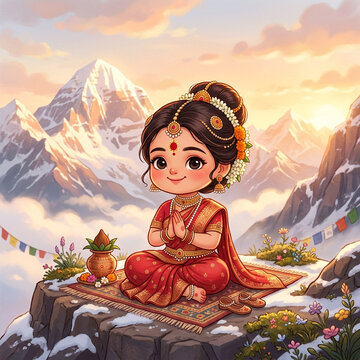 Cute Chibi Goddess Parvati Praying on Mount Kailash
