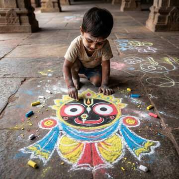 Little Indian Boy Drawing Lord Jagannath Chalk Art on Floor
