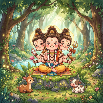 Cute Chibi Bal Dattatreya Meditating in Sunlit Forest
