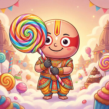 Cute cartoon baby Vaishnava devotee holding a giant colorful swirl lollipop in candy land

