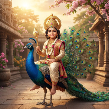 Young Lord Kartikeya riding a peacock with a fanned-out tail holding a golden vel spear inside a temple
