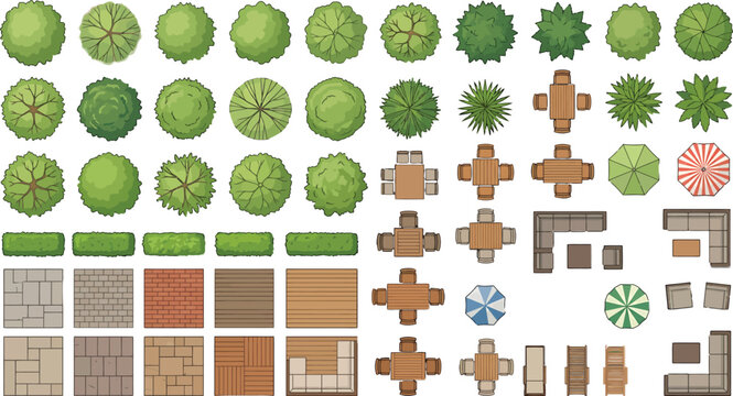 Top view landscape design elements set including trees, patio furniture, outdoor seating, umbrellas, and paving textures for architectural site planning and drafting