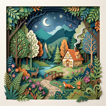 3D layered papercut art of a cozy forest cottage with a river and wild animals under a crescent moon
