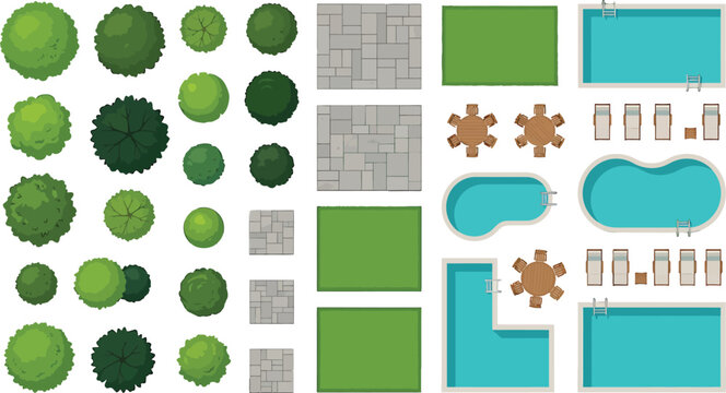 Top view landscape design elements set with trees, swimming pools, grass patches, stone paving, and patio furniture for architectural site planning vector