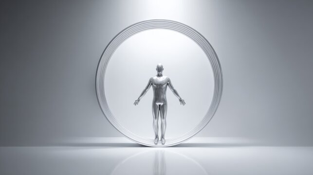 A metallic human figure floats in the center of a large, luminous circular frame, evoking a sense of science fiction, technology, or a spiritual awakening. The lighting is dramatic.