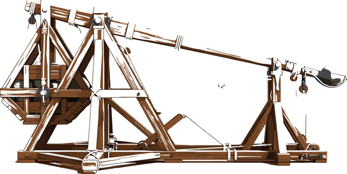 Ancient medieval wooden trebuchet siege engine with counterweight, historical military weapon for castle attack vector illustration