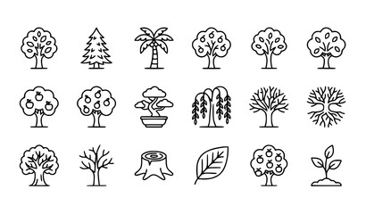 Hand Drawn Tree Icons Collection with Palm, Pine, Bonsai and Deciduous Nature Vector Set © Keyapayal