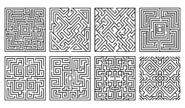 Abstract Square Black and White Labyrinth Elements Set with Complex Geometric Maze Line Patterns for Logical Puzzle Game Layout Vector Designs