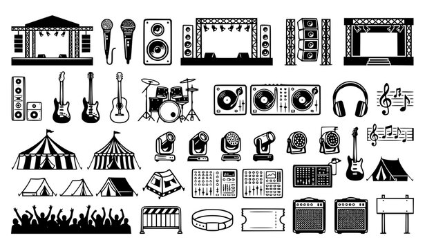 Concert and Open Air Live Music Festival Black Silhouette Icon Set with Stage Audio Speakers DJ Turntable Mixer Tents and Crowd Graphic Vector Designs