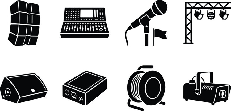 Live event production and stage equipment vector icons set featuring audio mixing console and concert lighting silhouettes