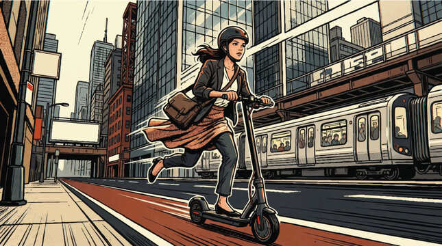 Businesswoman Commuting on Electric Scooter in Urban City Street, Comic Book Style Illustration