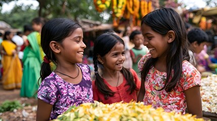 Fototapeta premium A joyful scene captures children laughing and playing in a vibrant celebratory open air market setting