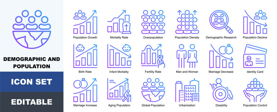 Demographic And Population Icon Pack Featuring Population Growth, Mortality Rate, Overpopulation, Density, Demographic Research, Birth Rate, Infant Mortality and Fertility Rate