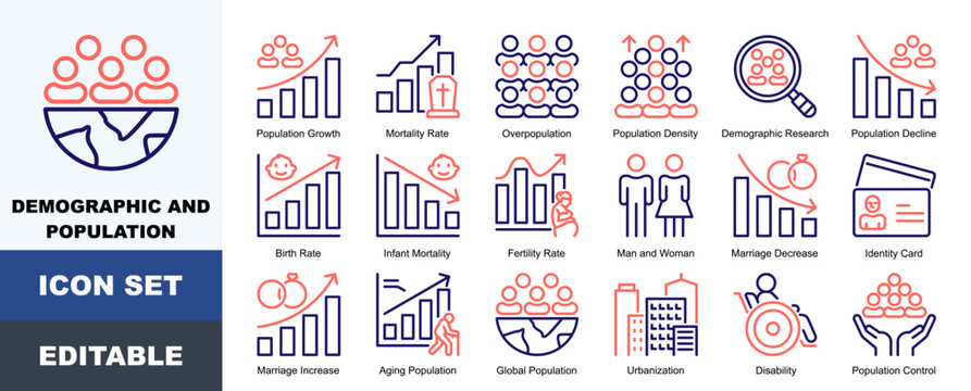 Demographic And Population Icon Pack Featuring Population Growth, Mortality Rate, Overpopulation, Density, Demographic Research, Birth Rate, Infant Mortality and Fertility Rate