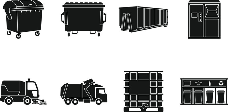 Waste management and municipal cleaning equipment silhouette icon set featuring trash dumpsters recycling bins and street sweepers