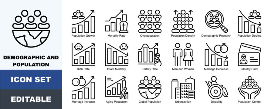 Demographic And Population Icon Pack Featuring Population Growth, Mortality Rate, Overpopulation, Density, Demographic Research, Birth Rate, Infant Mortality and Fertility Rate