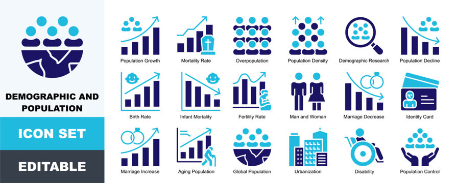 Demographic And Population Icon Pack Featuring Population Growth, Mortality Rate, Overpopulation, Density, Demographic Research, Birth Rate, Infant Mortality and Fertility Rate