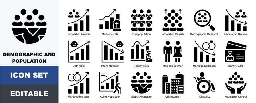 Demographic And Population Icon Pack Featuring Population Growth, Mortality Rate, Overpopulation, Density, Demographic Research, Birth Rate, Infant Mortality and Fertility Rate