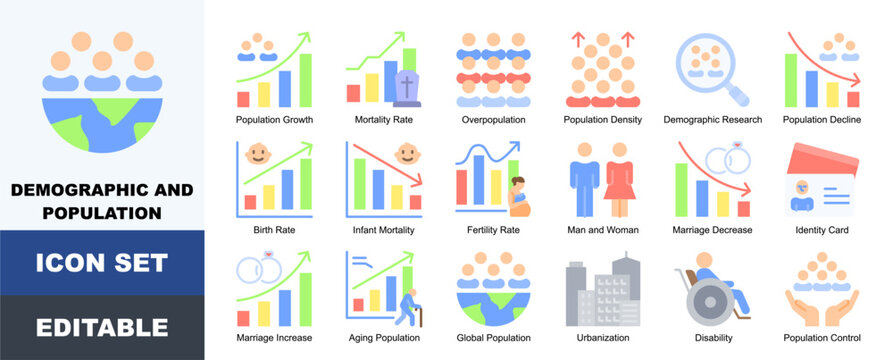 Demographic And Population Icon Pack Featuring Population Growth, Mortality Rate, Overpopulation, Density, Demographic Research, Birth Rate, Infant Mortality and Fertility Rate
