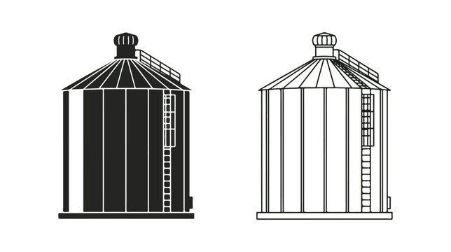 Industrial grain silo icons, agricultural storage tank vector set, farm elevator and metal bin silhouettes for agribusiness logistics