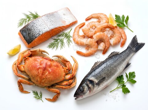 Fresh Seafood Assortment: Salmon, Shrimp, Crab, and Fish