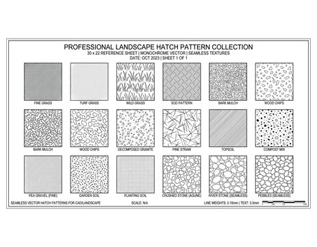 Professional landscape hatch pattern collection, 18 monochrome vector seamless textures, CAD architectural drawing swatches for garden design
