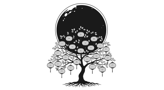 Black and White Illustration of a Lantern Tree Under a Full Moon