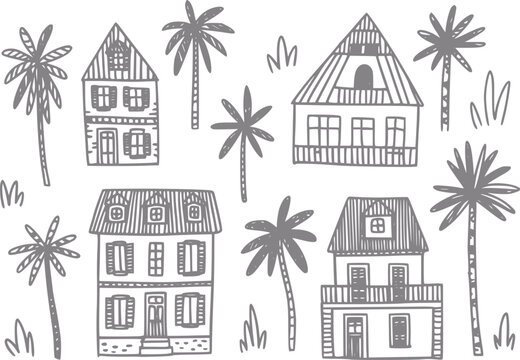 Hand-drawn tropical houses and palm trees seamless pattern