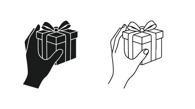 Minimalist hand holding gift box vector icons, black silhouette and line art gift giving symbols, holiday present delivery graphics