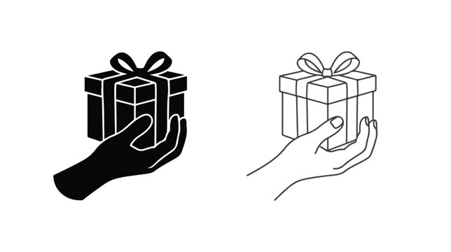 Minimalist hand holding gift box icons, black silhouette and thin line art vector set, giving a present for holiday celebration and surprise