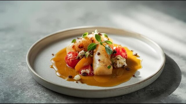 Seared scallop plated dish with cherry tomato, herb garnish and warm glossy sauce