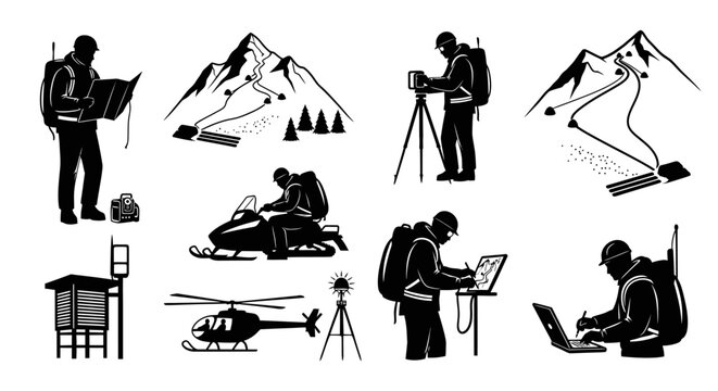 People hike and ski in mountain landscape with various outdoor activities and equipment