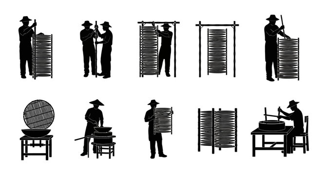 People operate bamboo fruit drying racks outdoors making food