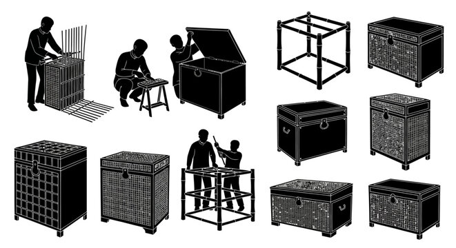 People making and assembling various wooden trellis structures with crates and frames