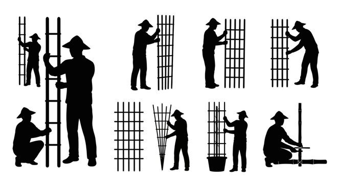 Workers construct bamboo storage chest craftsman carpenter builds fence outdoors