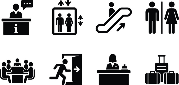 Collection of public facility and service icons featuring information desk, elevator, restroom, and reception symbols