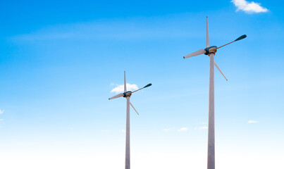 Fototapeta premium Wind mill power energy farm generator renewable sustainable field on blue sky, environment eco system technology industry ecology electricity power propeller turbine clean carbon.