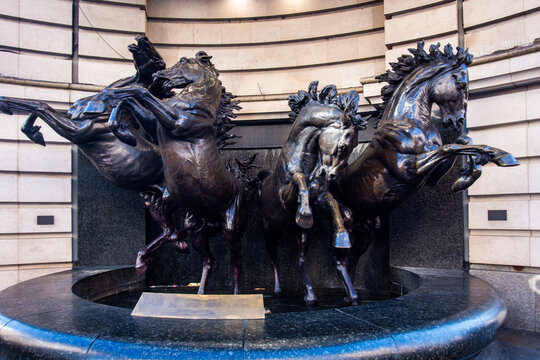 Horses of Helios sculpture in London
The Horses of Helios bronze fountain sculpture by Rudy Weller near Piccadilly Circus in London, illustrating public art, Greek mythology, tourism and