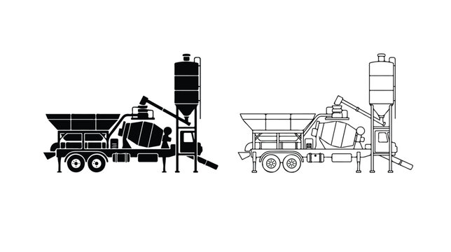 Industrial mobile concrete batching plant vector icons, portable cement mixing station silhouettes, heavy machinery for construction site infrastructure